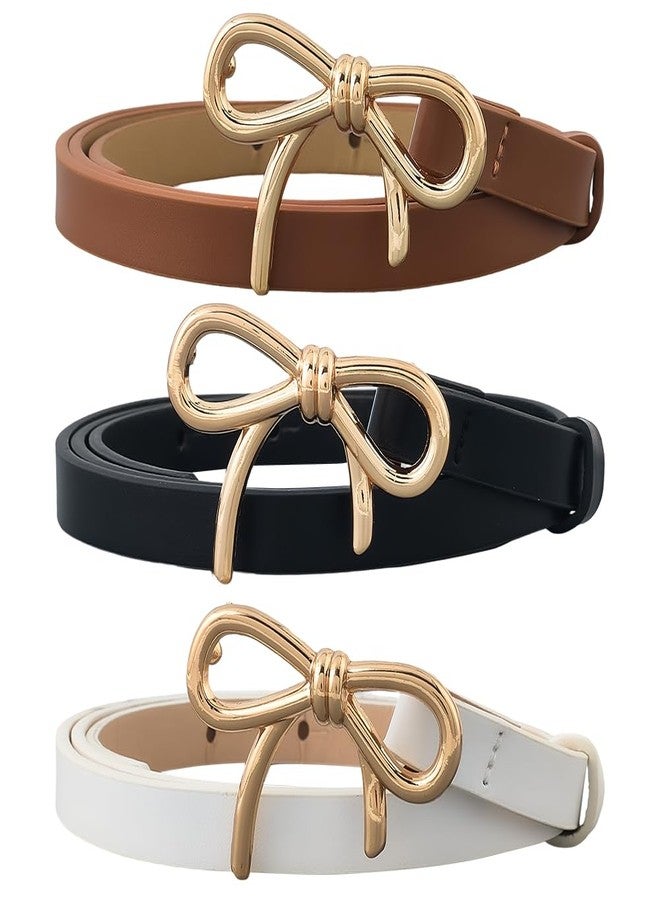 CALFOVERA 3 Colors PU Leather Bow Skinny Belts Adjustable 0.5 Inch Width Thin Waist Belt with Gold Alloy Bowknot Buckle Elegantes Slim Leather Waist Strap for Women Ladies Dresses Jeans Pants - Image 1
